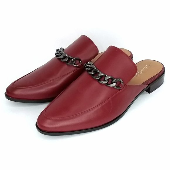 Calvin Klein Frieda Mule In Cherry Red Leather Metallic Chain Detail - Picture 2 of 9